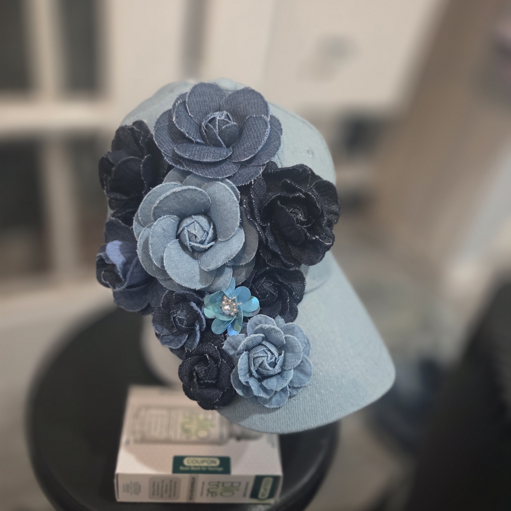 Floral Denim Cap with Blue Accents